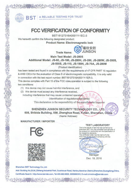China Shen Zhen Junson Security Technology Co. Ltd certificaten
